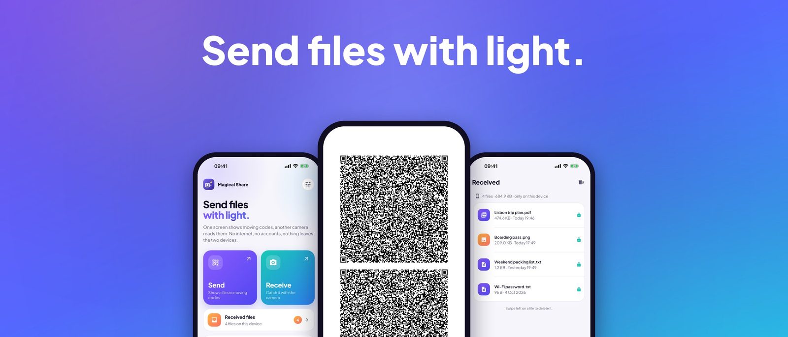 Three phones running Magical Share: the home screen, a stream of QR codes, and the list of received files