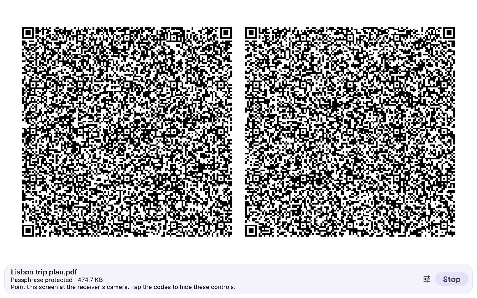 The Mac app showing two large QR codes side by side while sending a passphrase-protected PDF