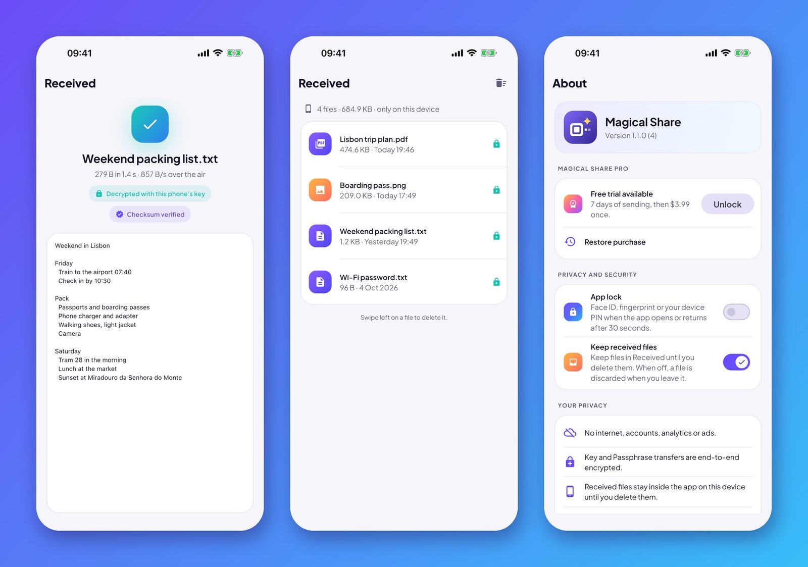 Three phone screens: a received file marked decrypted and checksum verified, the Received list, and the App lock and privacy settings