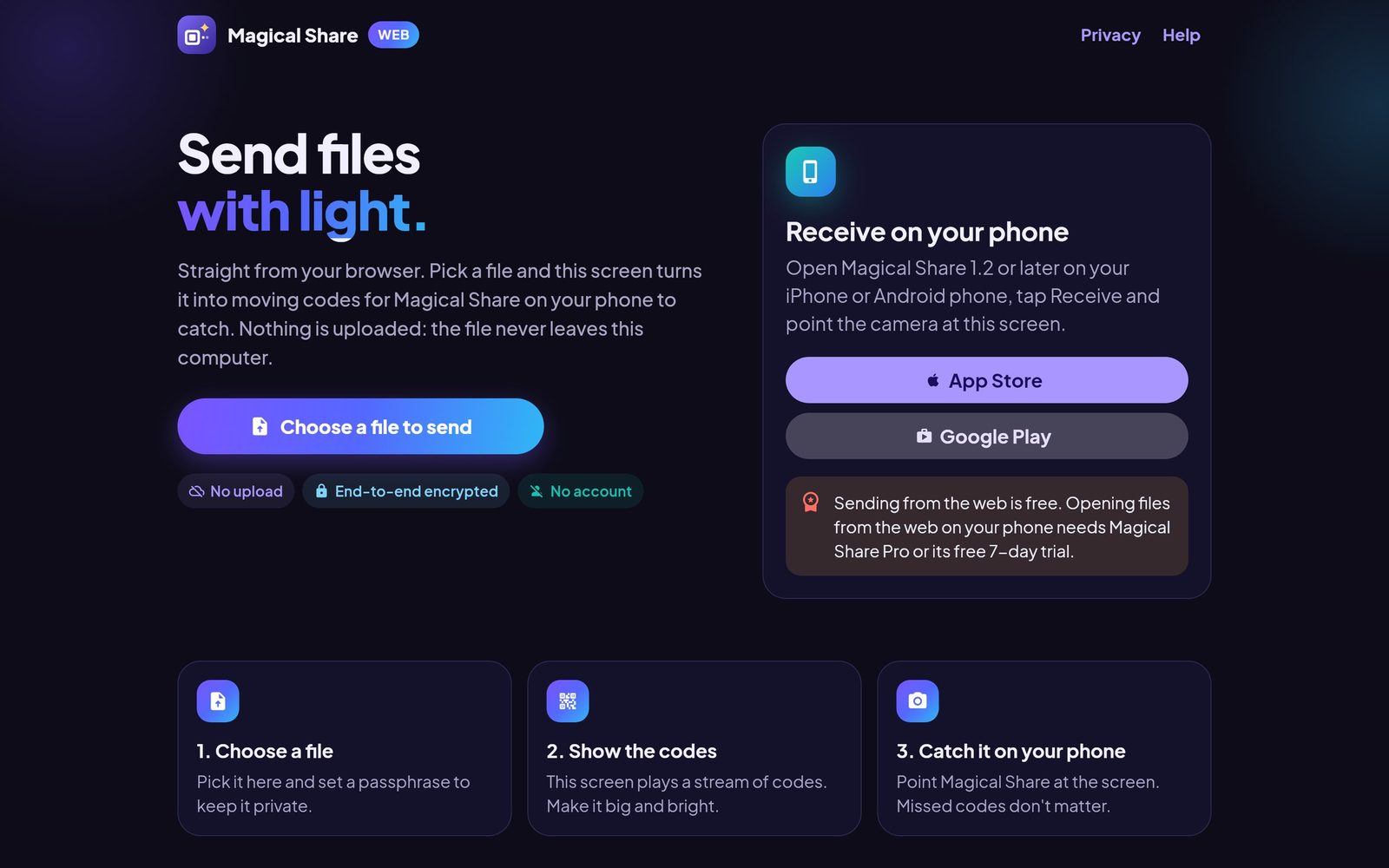 The Magical Share web app with a Choose a file to send button and links to the App Store and Google Play