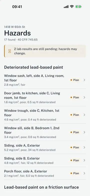 Plumbic app screen: Hazards found for you. Friction, impact, chewable, dust and soil.