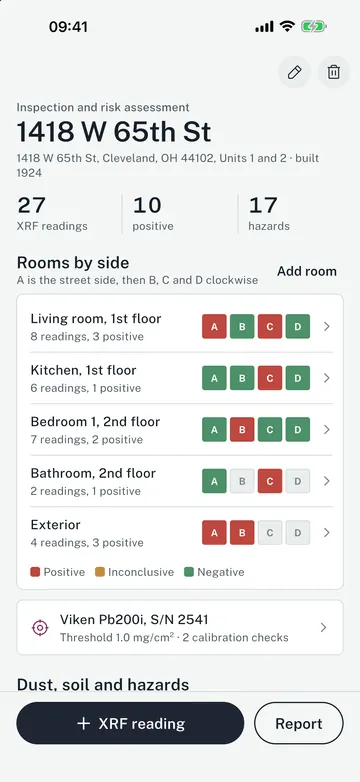 Plumbic app screen: Every room, side by side. XRF results on walls A to D at a glance.