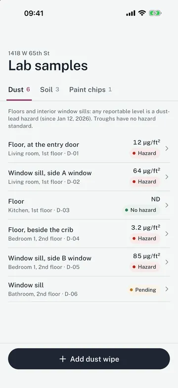 Plumbic app screen: Dust and soil, 2026 rules. Any reportable floor or sill dust is a hazard.