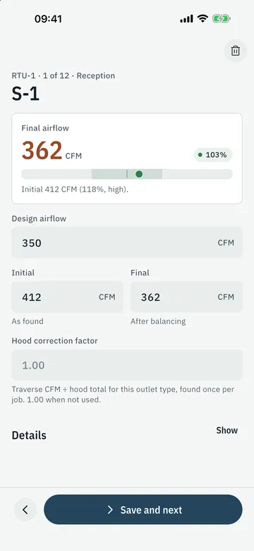 Trimvane app screen: One outlet at a time. Initial and final readings, % of design as you type.