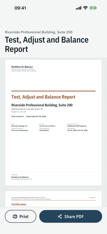 Trimvane app screen: A report the engineer accepts. Certification page, contents, deficiencies, data sheets.