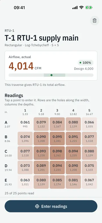 Trimvane app screen: Duct traverses, done right. Log-T points, hole depths, density-corrected CFM.